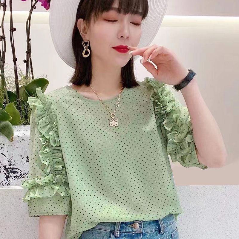 Lightweight Pleated Chiffon Blouse - Ruffle Sleeve Floral Top