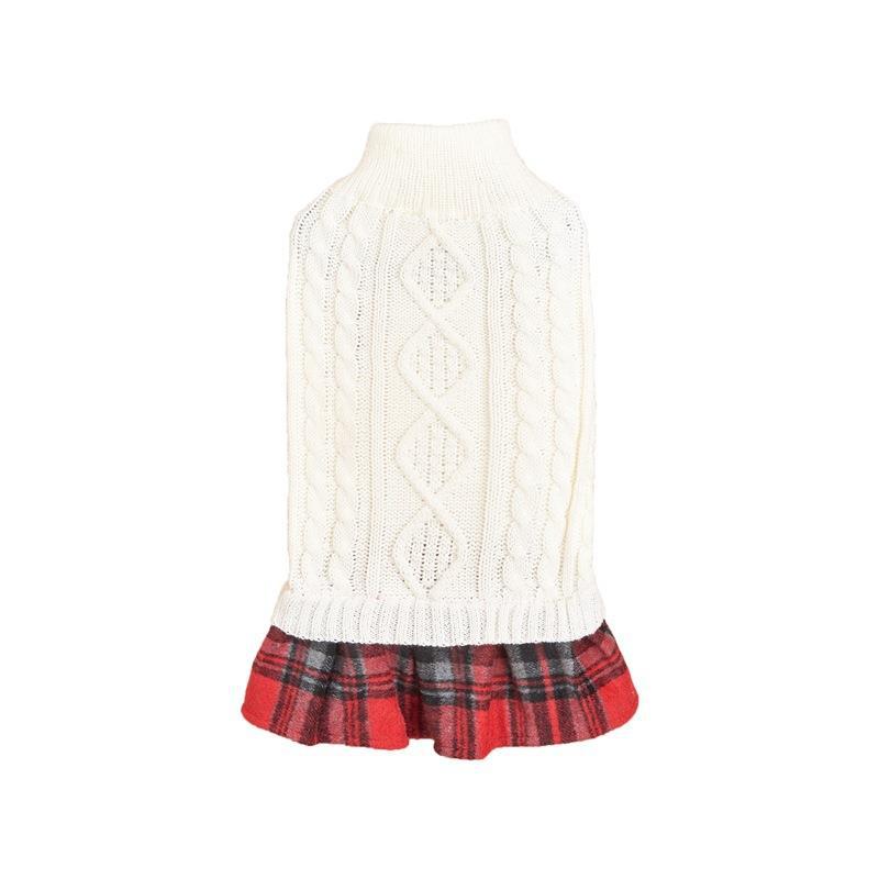 Dog sweater with plaid wool skirt