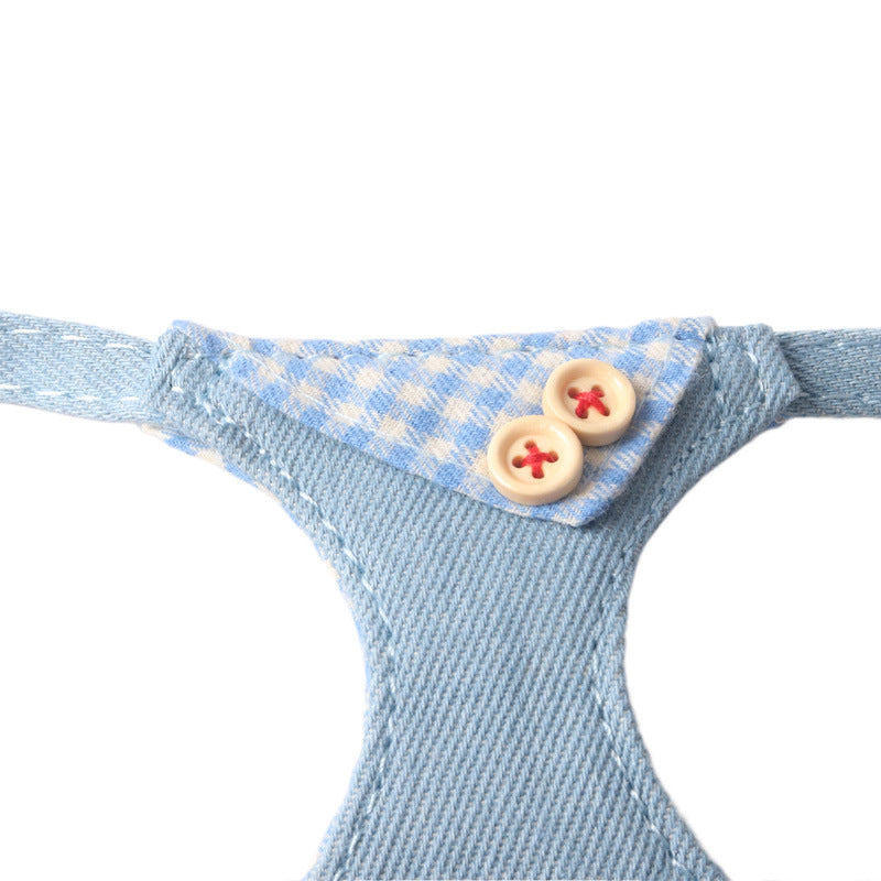 Pet Harness & Leash Set – Denim Plaid Design with Buttons