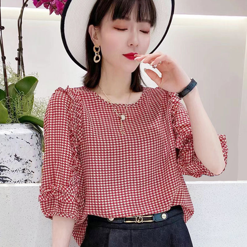 Lightweight Pleated Chiffon Blouse - Ruffle Sleeve Floral Top
