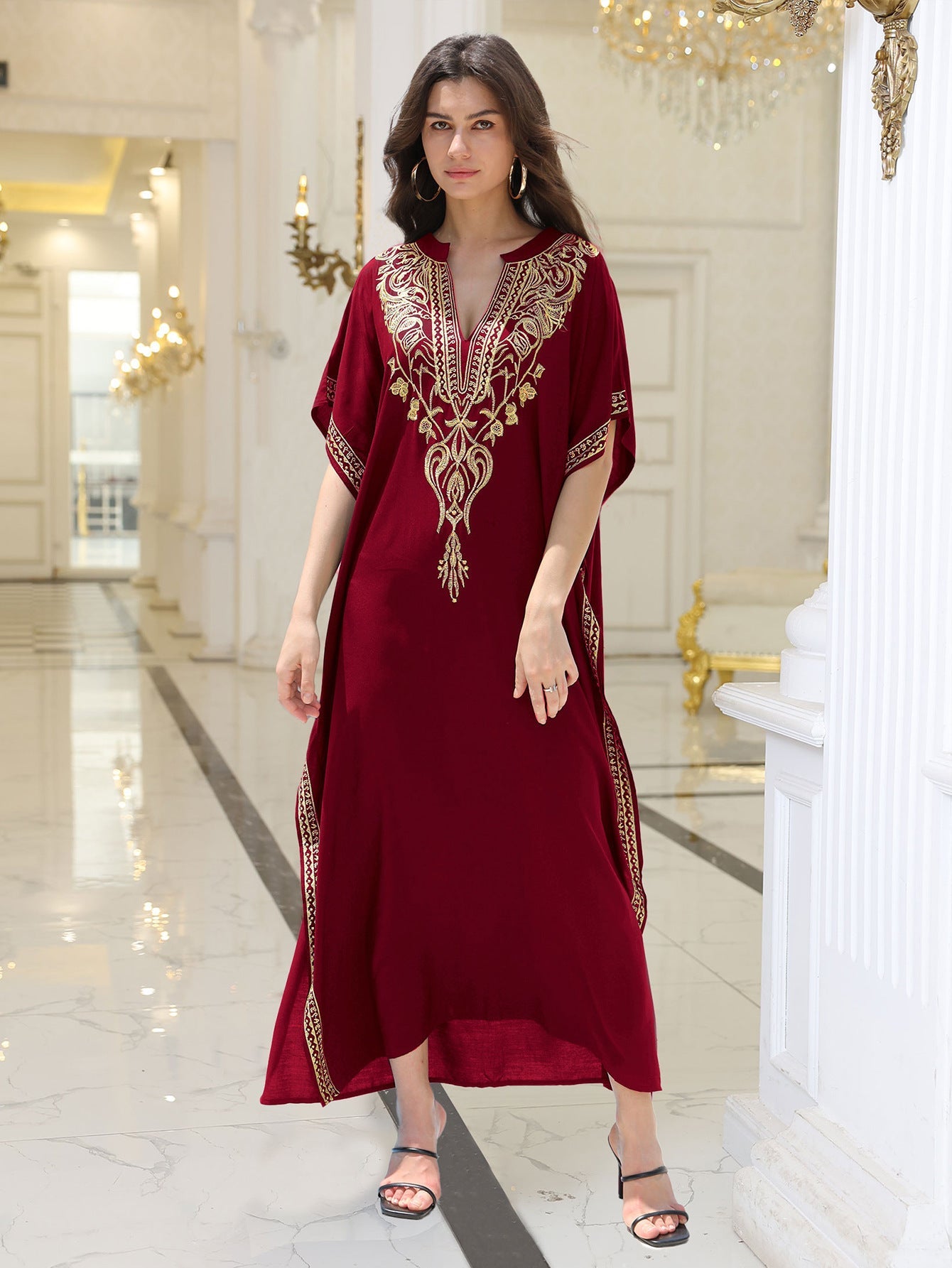 Lightweight Embroidered Kaftan Beach Dress - Gold Thread Rayon