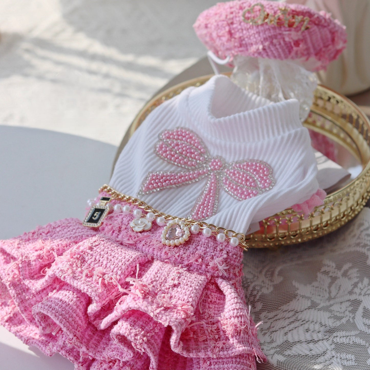 Pink Tweed Puppy Suit Dress Outfit with Optional Hat