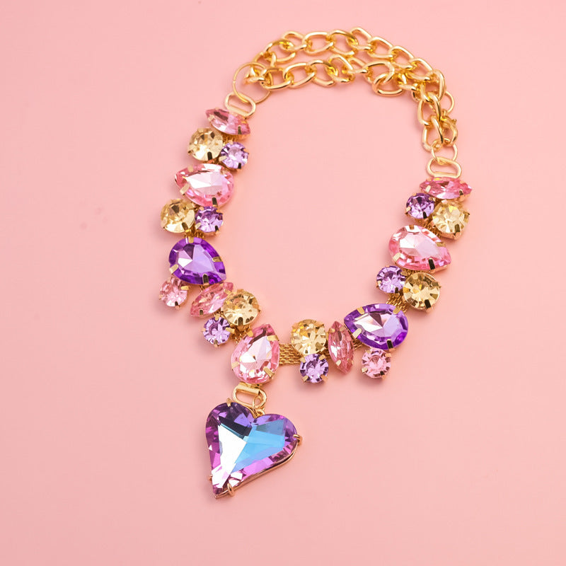 Dog Necklace + Crystal Heart, Adjustable Chain