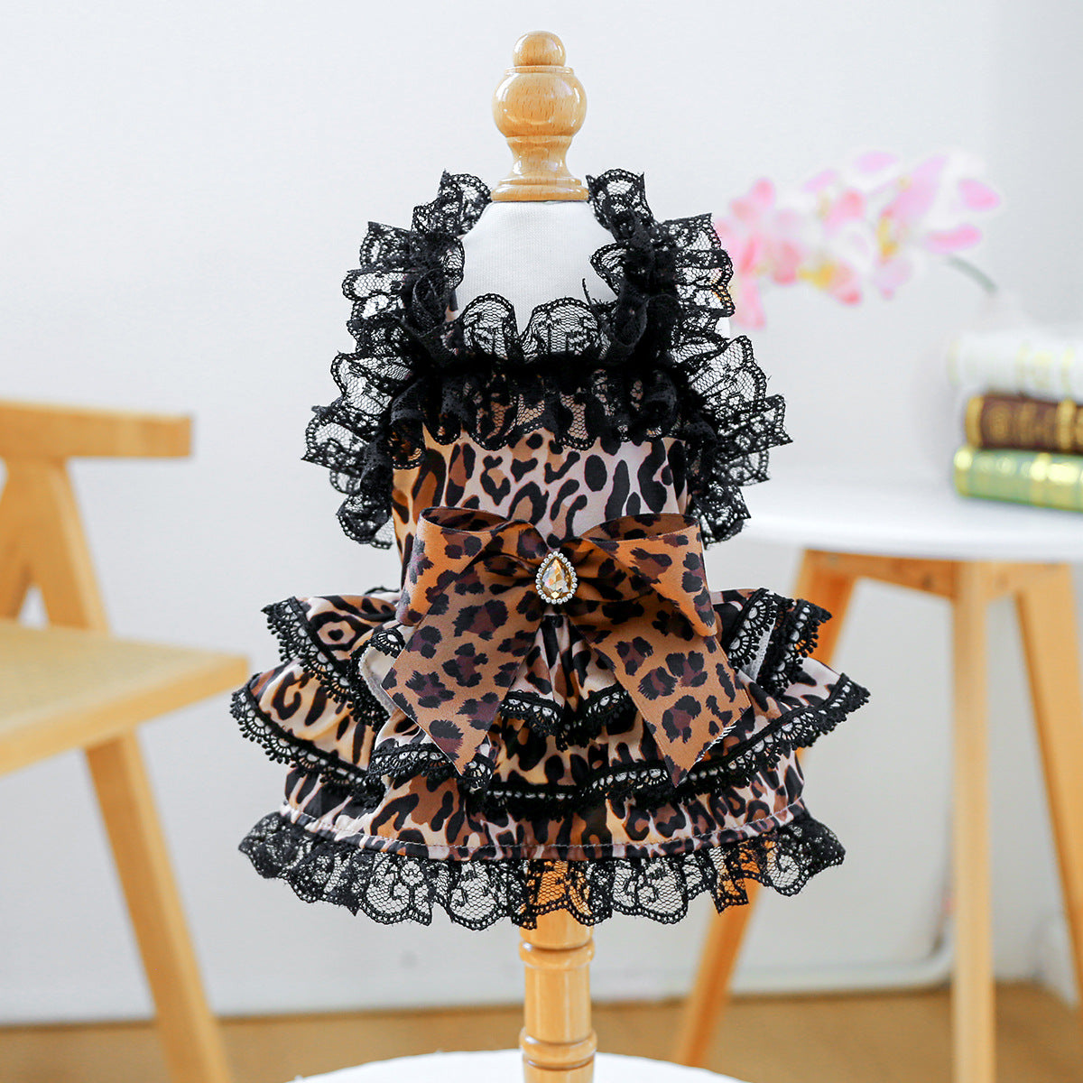 Dog Dress – Leopard Print & Lace Ruffles with Bow