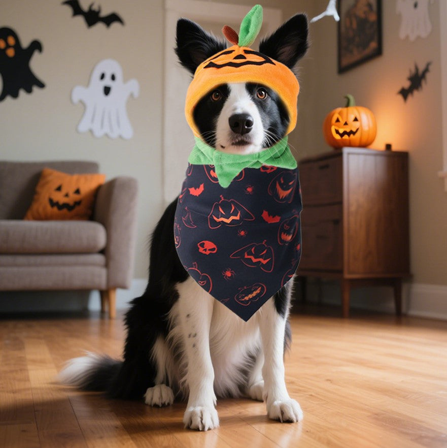 Dog Pumpkin Hood & Bandana Set with Soft Fleece