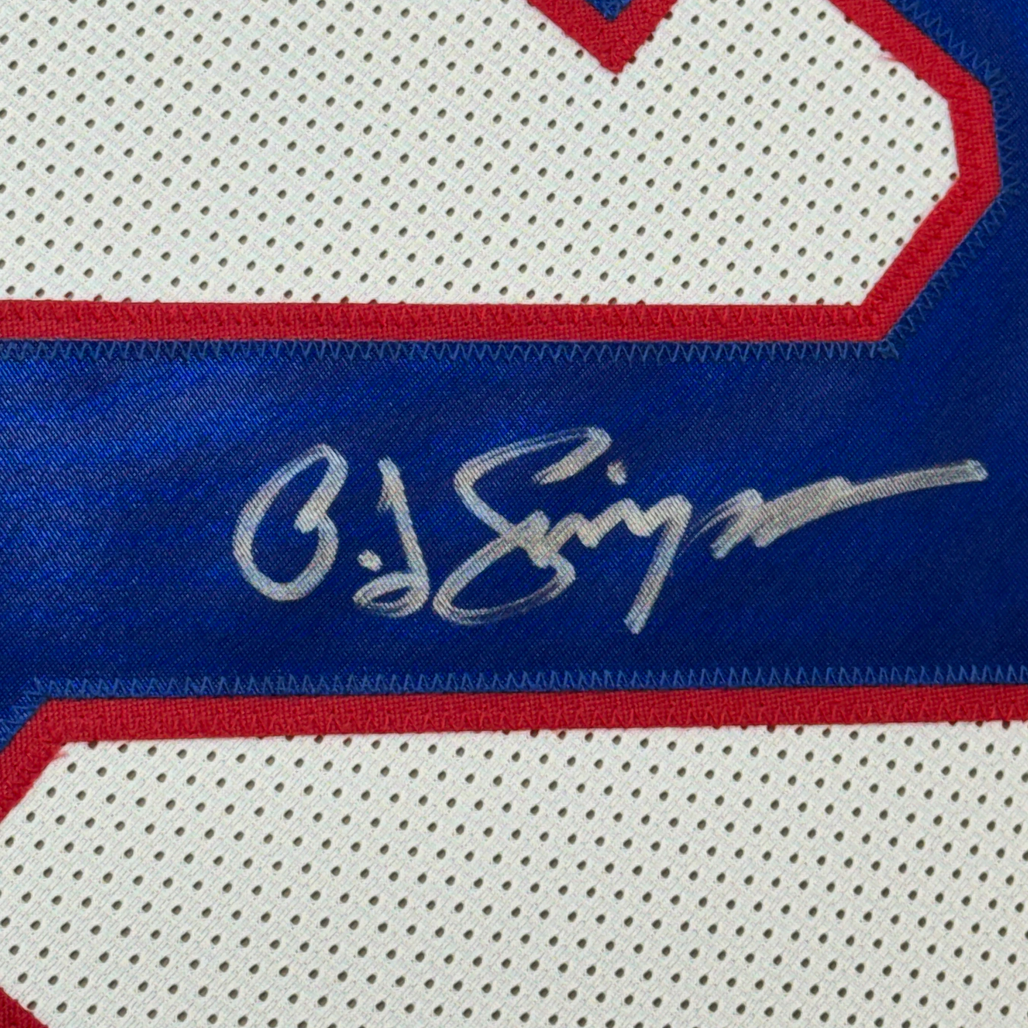 Framed Autographed/Signed OJ O.J. Simpson 35x39 Buffalo White Football Jersey JSA COA