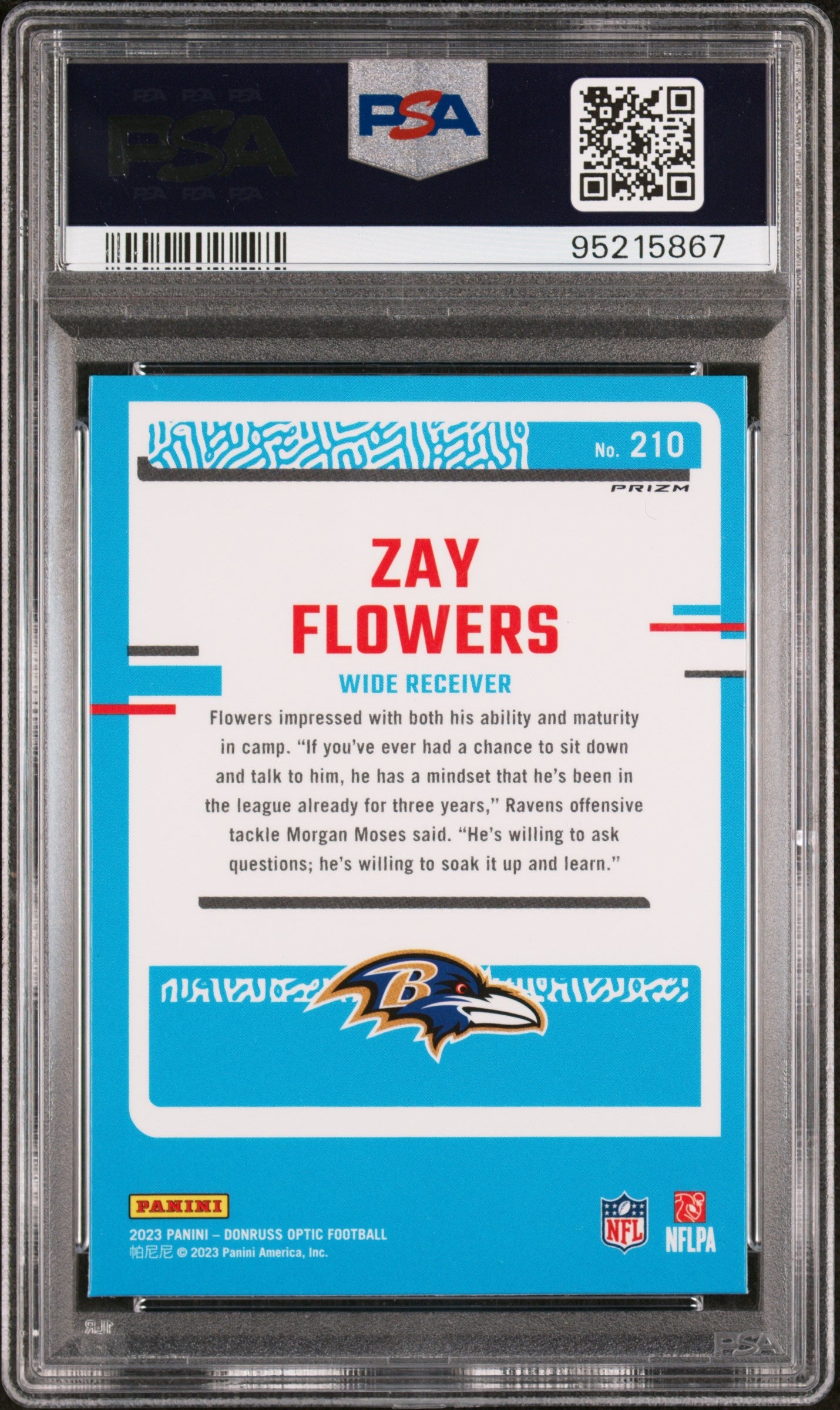 Graded 2023 Panini Donruss Optic Zay Flowers #210 Purple Shock Rookie RC Football Card PSA 10 Gem Mint