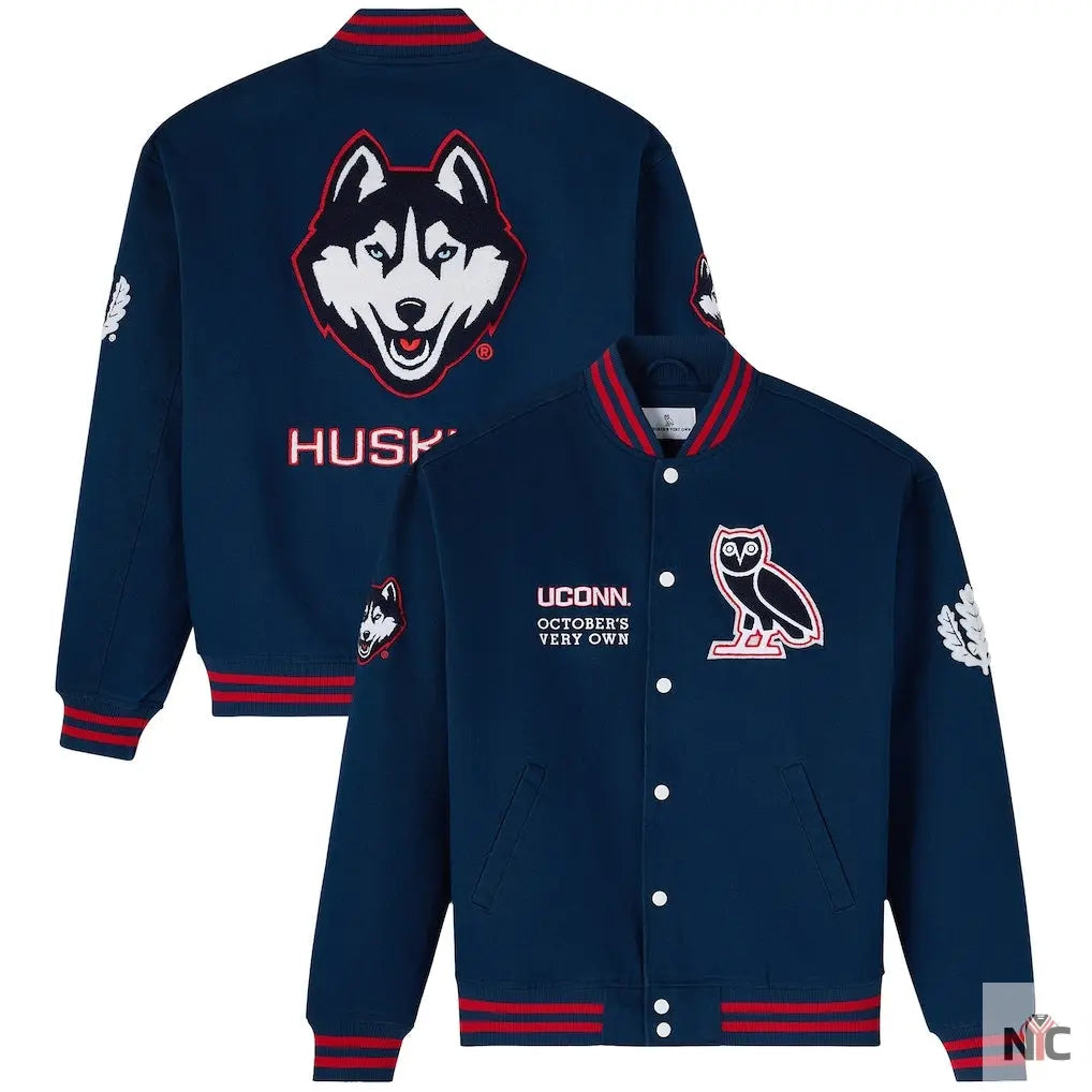OVO x UConn Huskies Time To Shine Full-Snap Varsity Jacket - Navy