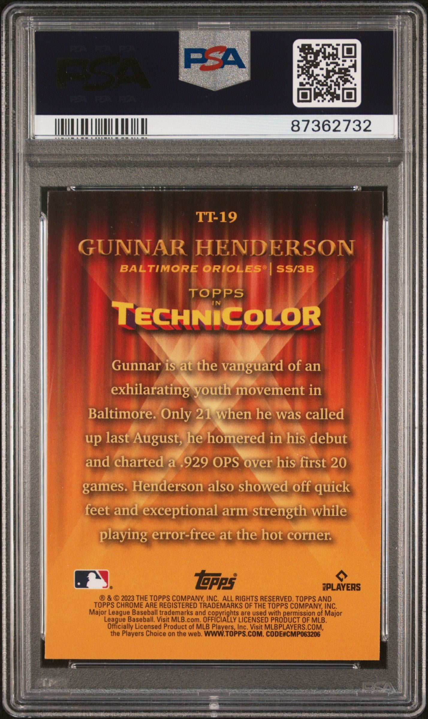 Graded 2023 Topps Chrome Gunnar Henderson #TT19 Topps in Technicolor Rookie RC Baseball Card PSA 10 Gem Mint