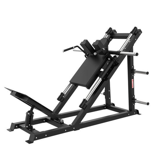 Excel Open Linear Bearing Hack Squat - Muscle D Fitness - Plate Load Squat Machine - Plate Storage Pegs - Adjustable Foot Plate