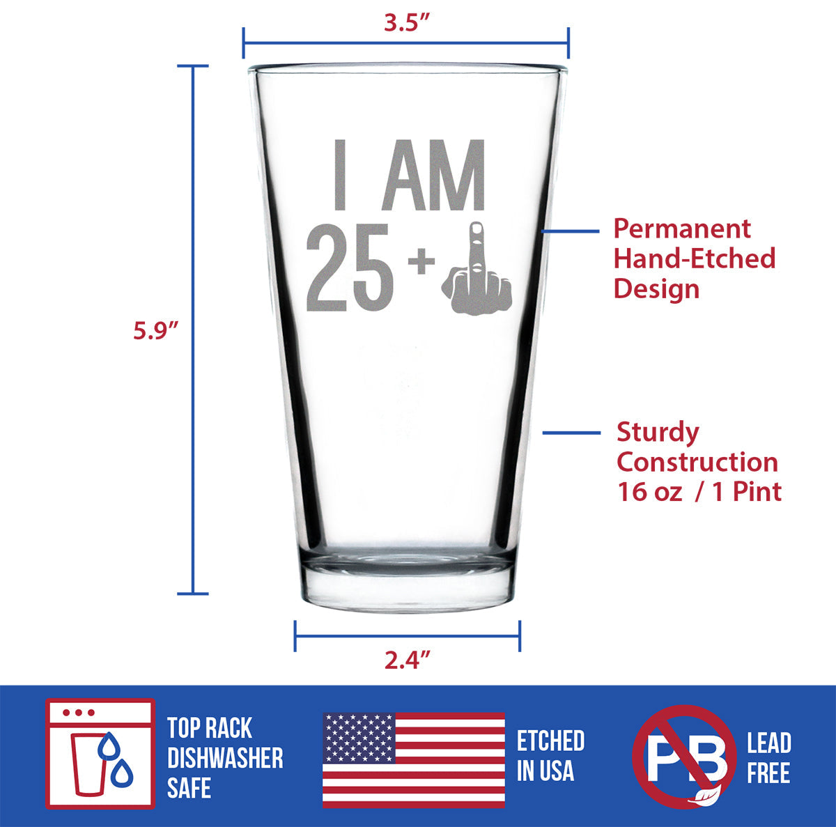 I Am 25 + 1 Middle Finger Funny Pint Glass for Beer Lovers, Etched Sayings, 26th Birthday Gift for Men and Women