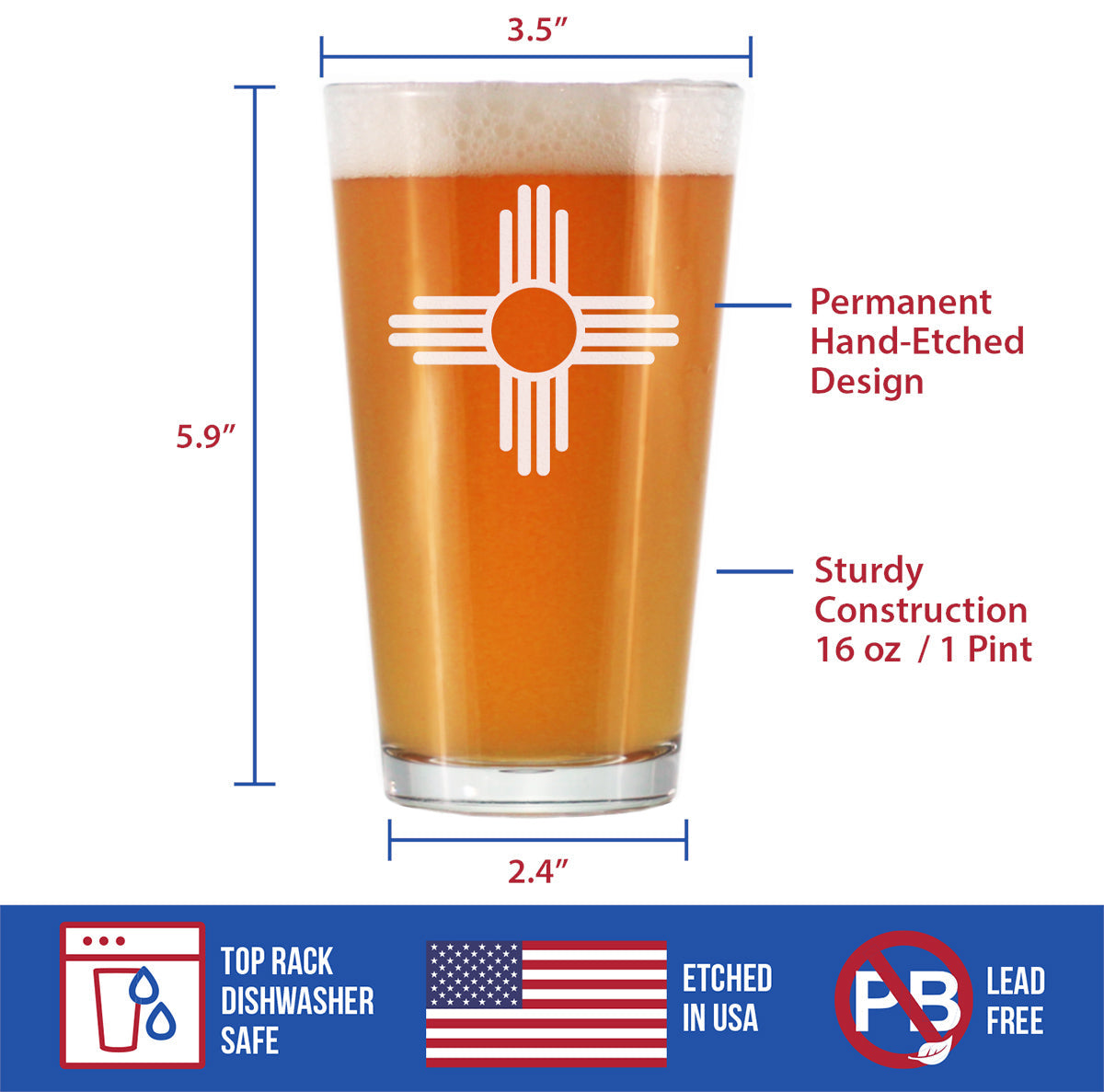 New Mexico Flag Pint Glass for Beer - State Themed Drinking Decor and Gifts for New Mexican Women & Men - 16 Oz Glasses