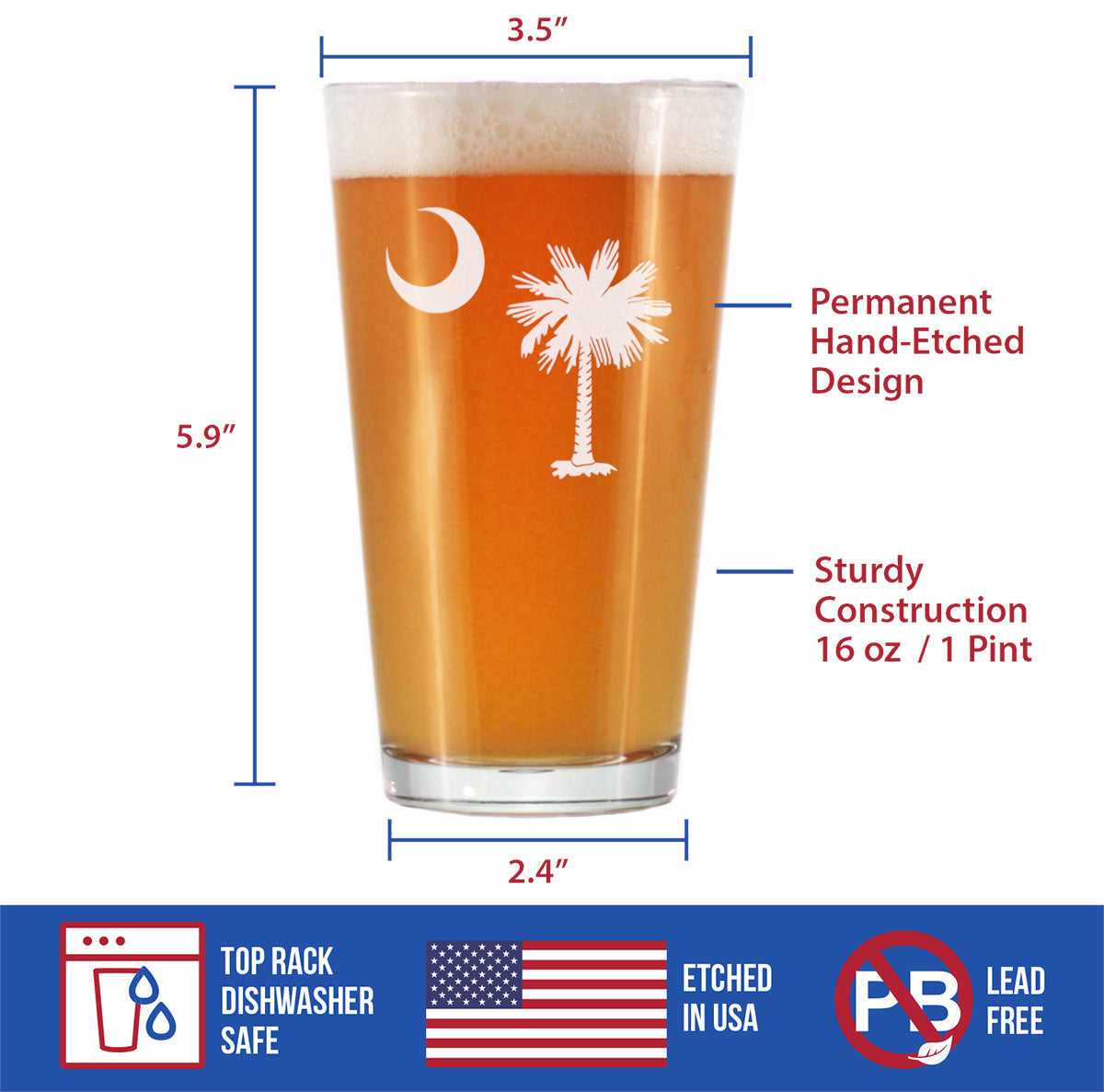 South Carolina Flag Pint Glass for Beer - State Themed Drinking Decor and Gifts for South Carolinian Women & Men - 16 Oz Glasses
