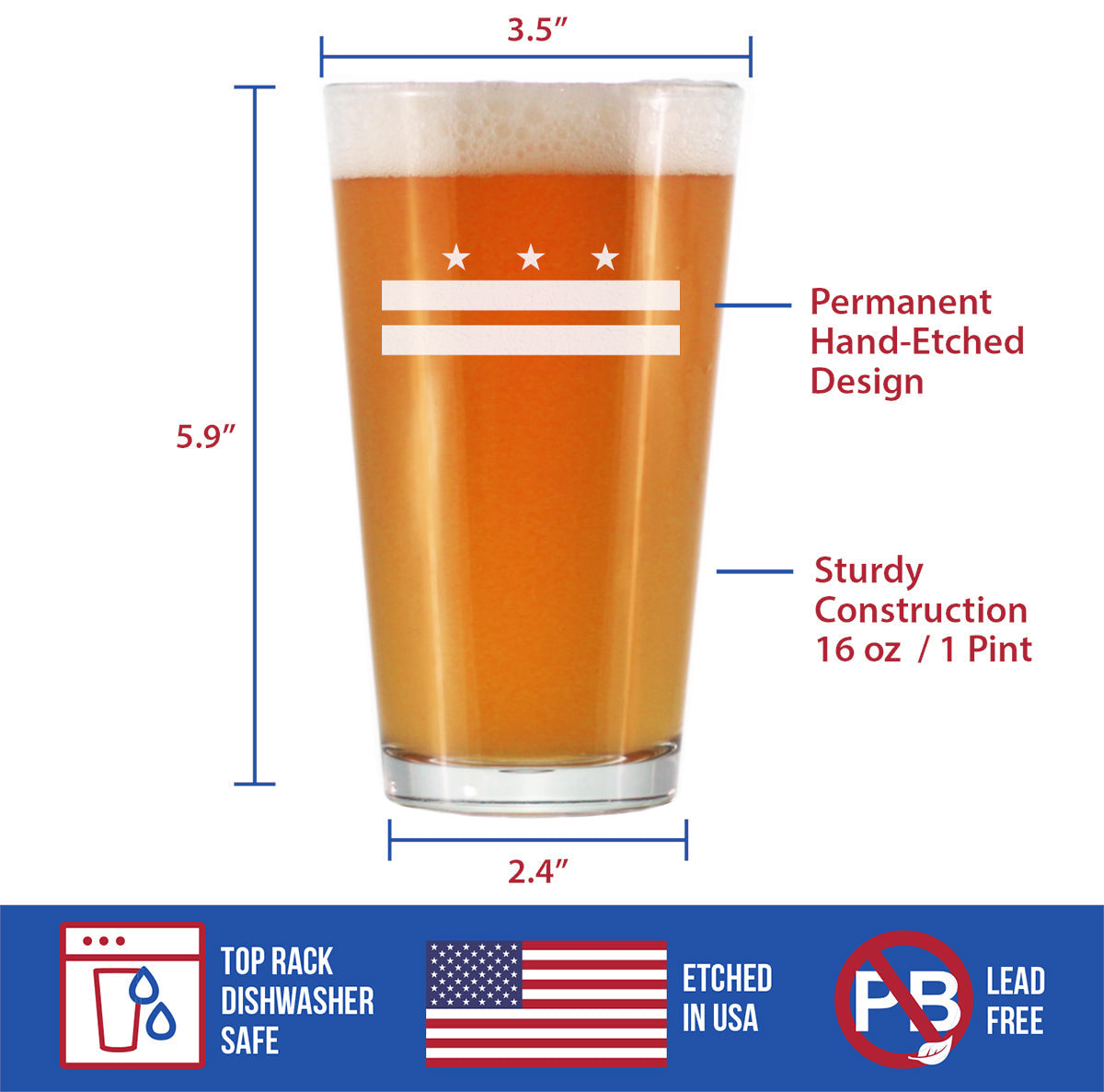 Washington DC Flag Pint Glass for Beer - State Themed Drinking Decor and Gifts for Washingtonian Women & Men - 16 Oz Glasses