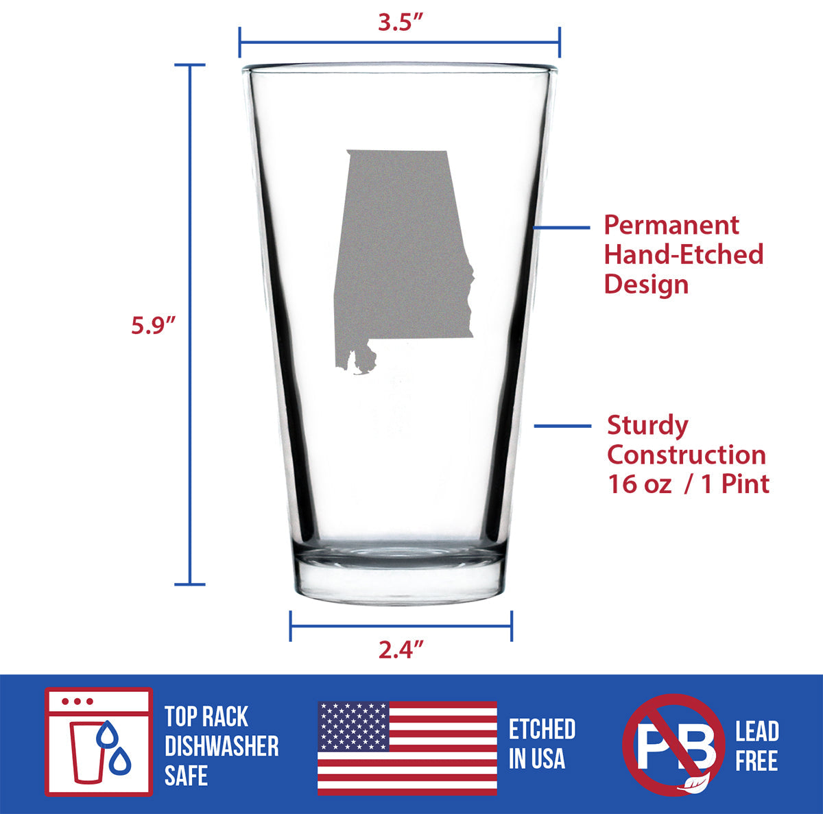 Alabama State Outline Pint Glass for Beer - State Themed Drinking Decor and Gifts for Alabaman Women & Men - 16 Oz Glasses