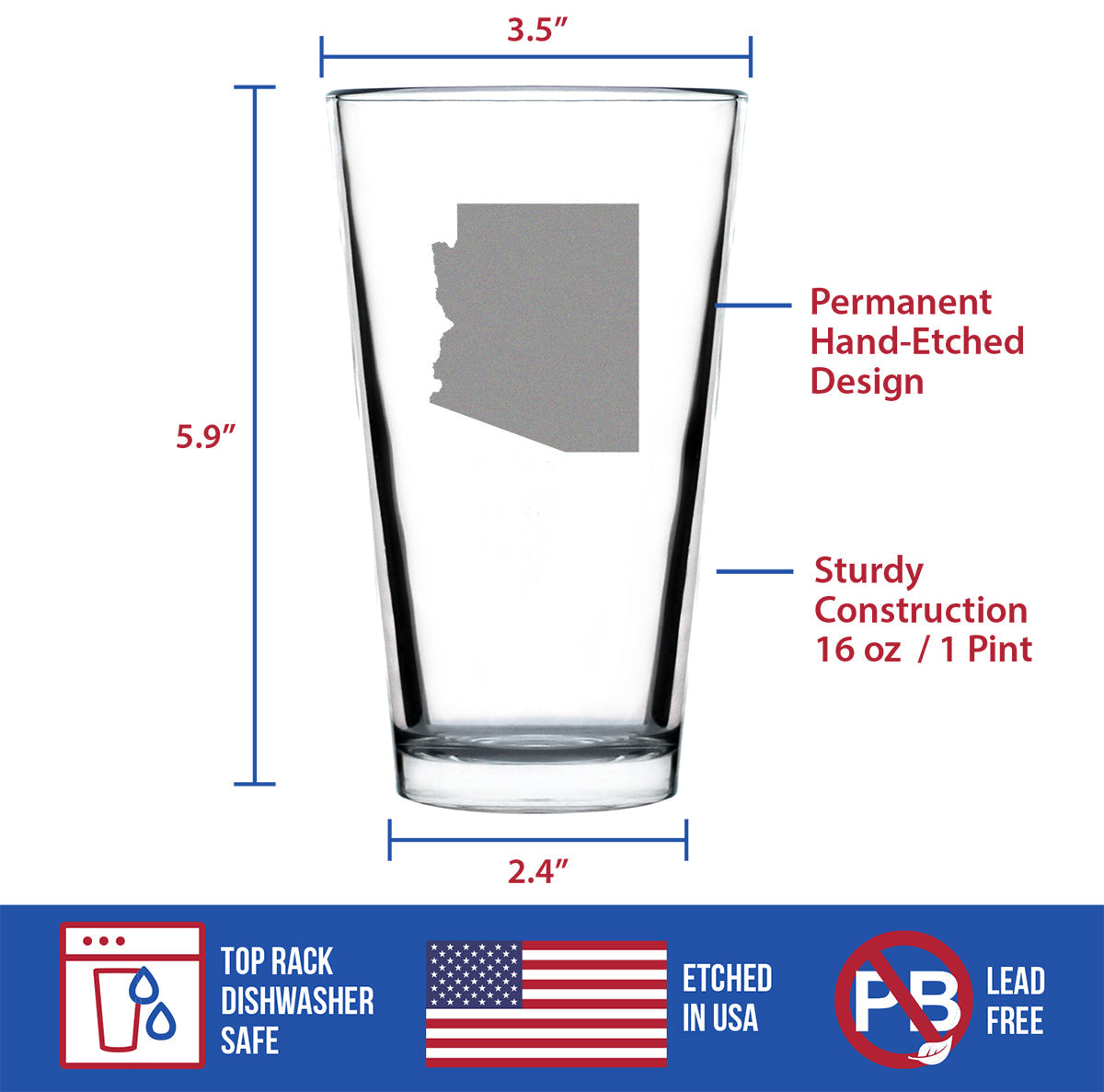 Arizona State Outline Pint Glass for Beer - State Themed Drinking Decor and Gifts for Arizonan Women & Men - 16 Oz Glasses