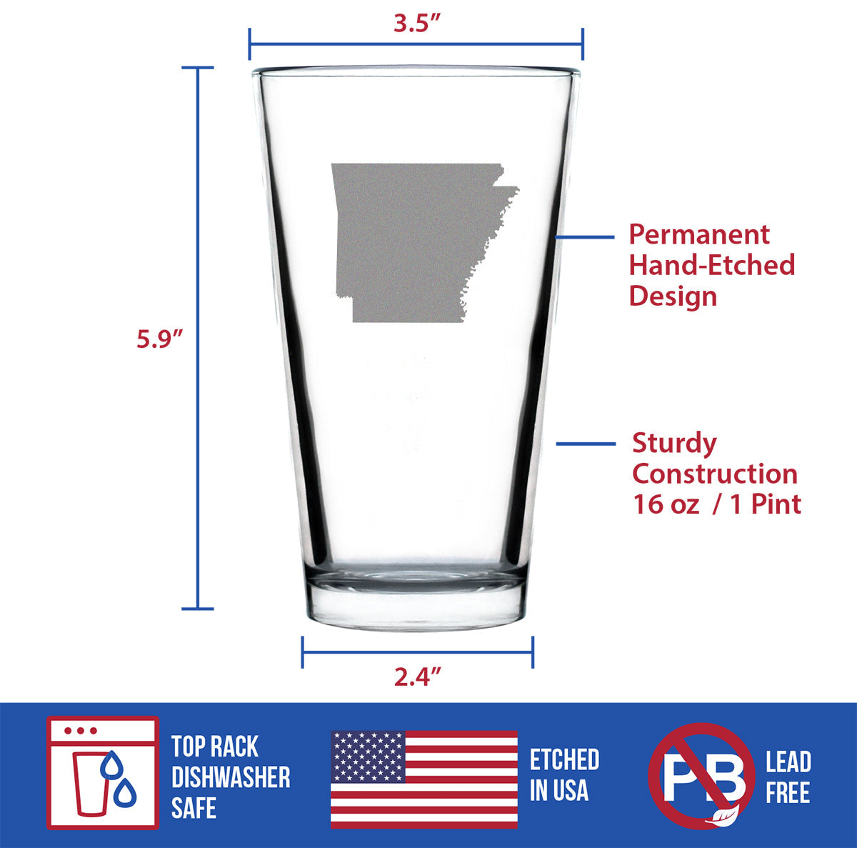 Arkansas State Outline Pint Glass for Beer - State Themed Drinking Decor and Gifts for Arkansans & Arkansawyer Women & Men - 16 Oz Glasses