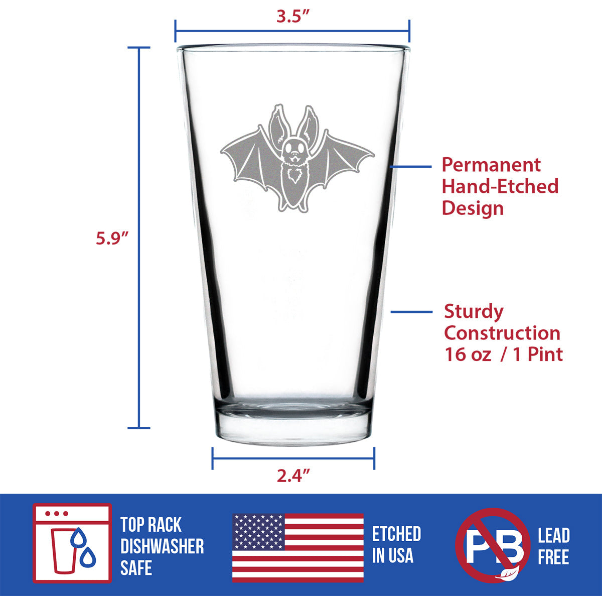 Bat Pint Glass for Beer - Funny Cute Bat Gifts - Spooky Fun Halloween Decor with Bats - 16 oz Glasses