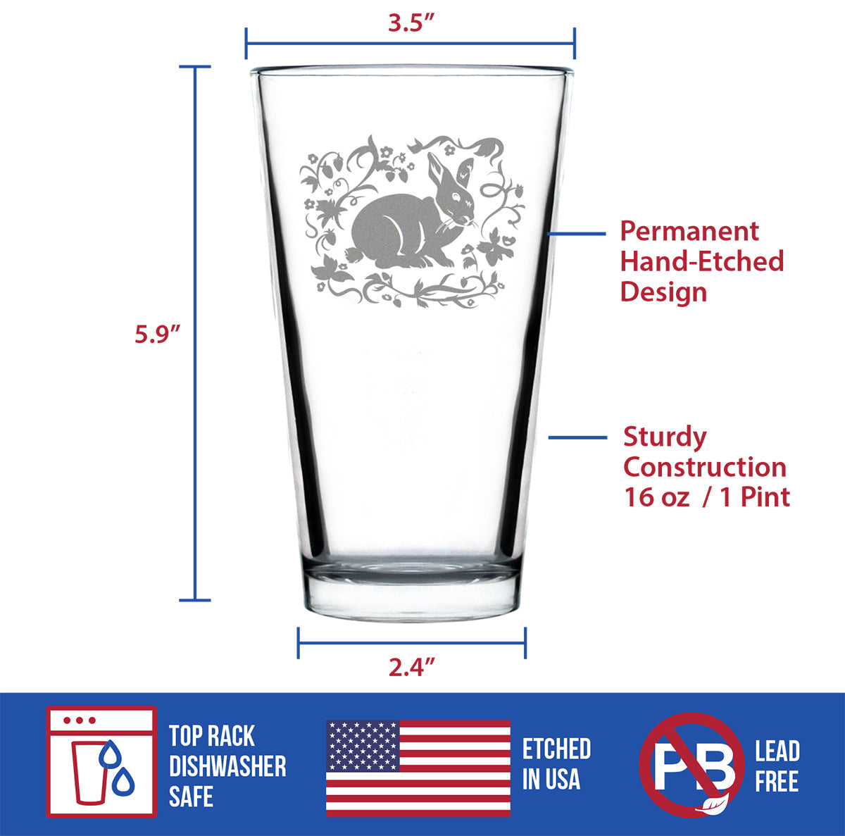 Berry Patch Bunny Rabbit - Pint Glass for Beer - Hand Engraved Gifts for Men & Women That Love Bunnies