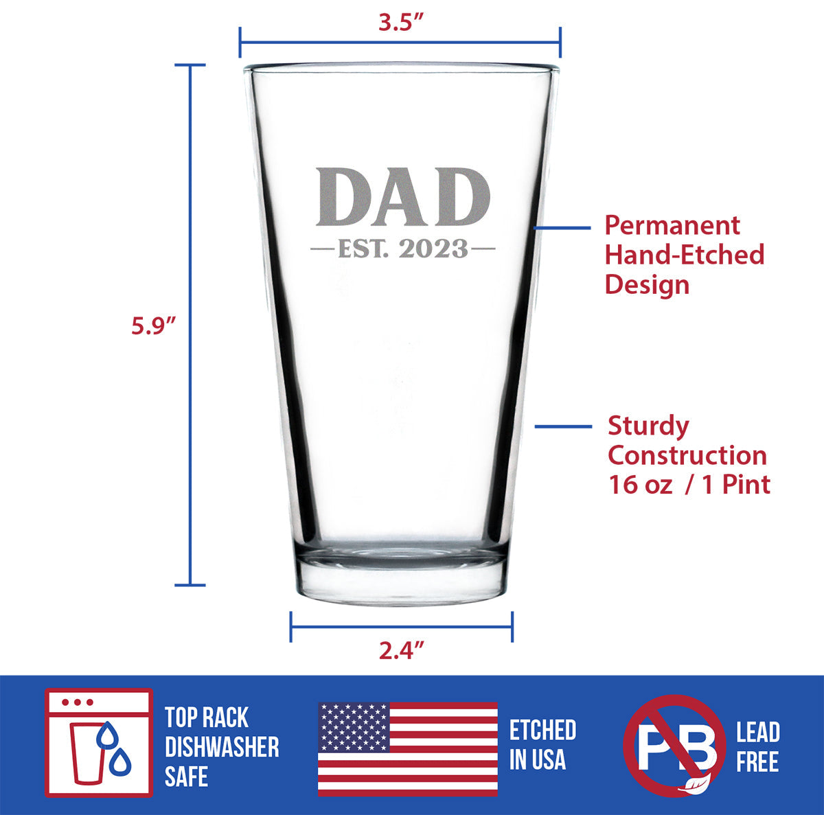 Dad Est. 2023 - Bold - 16 Ounce Pint Glass