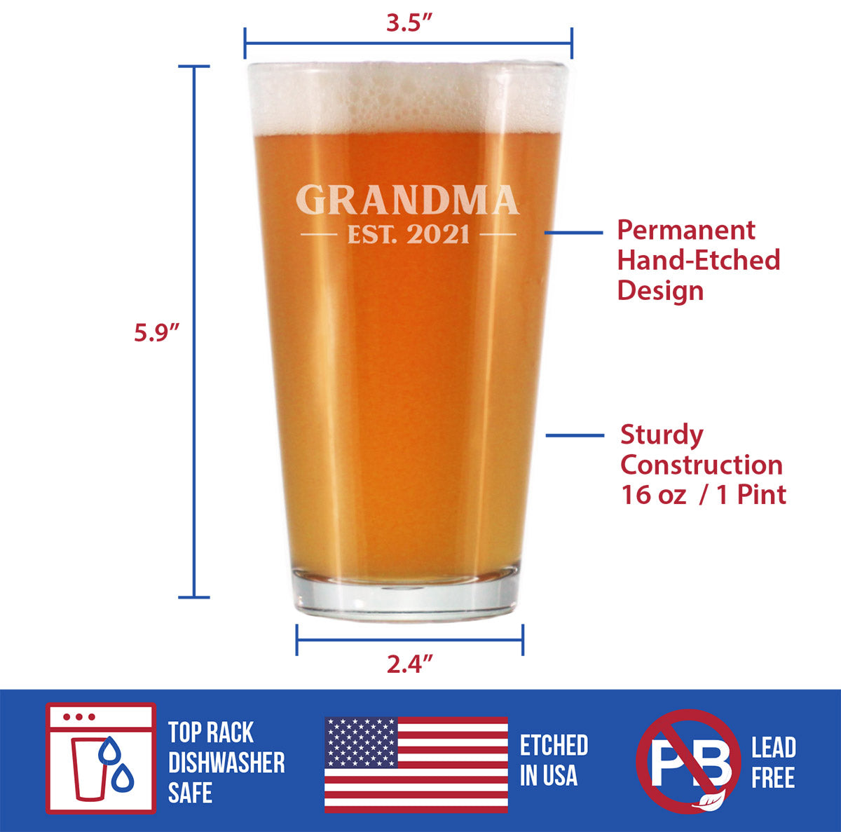 Grandma Est 2021 - New Grandmother Pint Glass Gift for First Time Grandparents - Bold 16 Oz Glasses