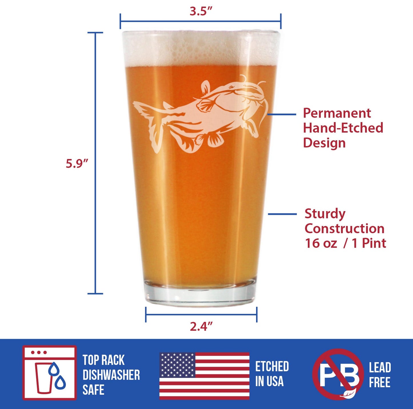Catfish - Pint Glass for Beer - Catfishing Gifts for Fisherman - Fun Fish Cups - Fishing Decor - 16 oz