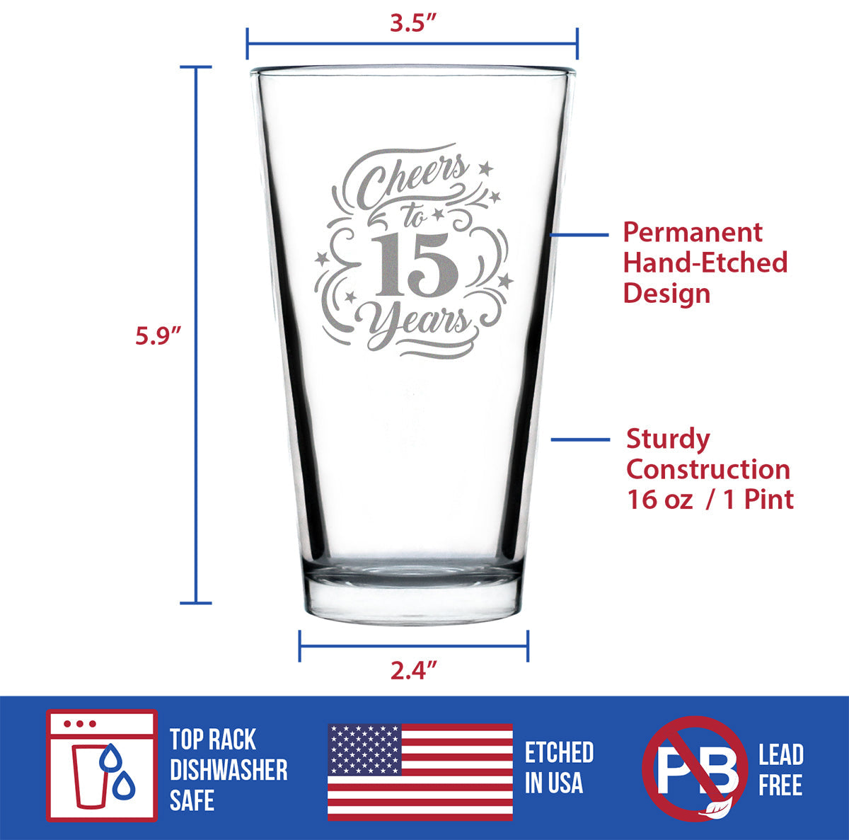 Cheers to 15 Years - Pint Glass for Beer - Gifts for Women & Men - 15th Anniversary Party Decor - 16 Oz Glasses