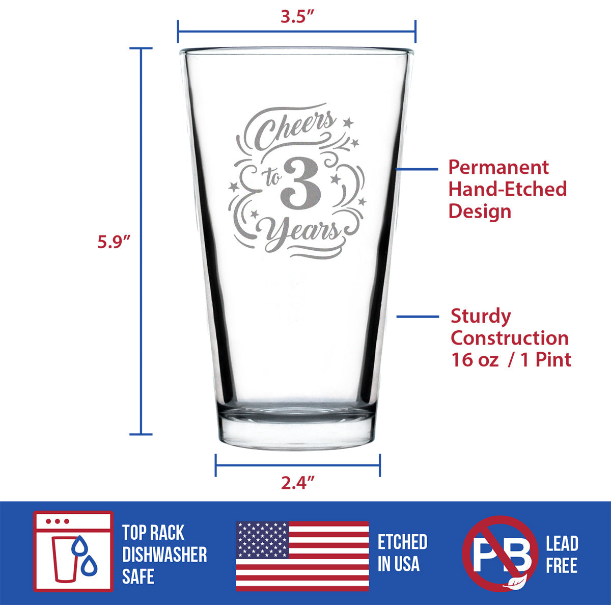 Cheers to 3 Years - Pint Glass for Beer - Gifts for Women & Men - 3rd Anniversary Party Decor - 16 Oz Glasses