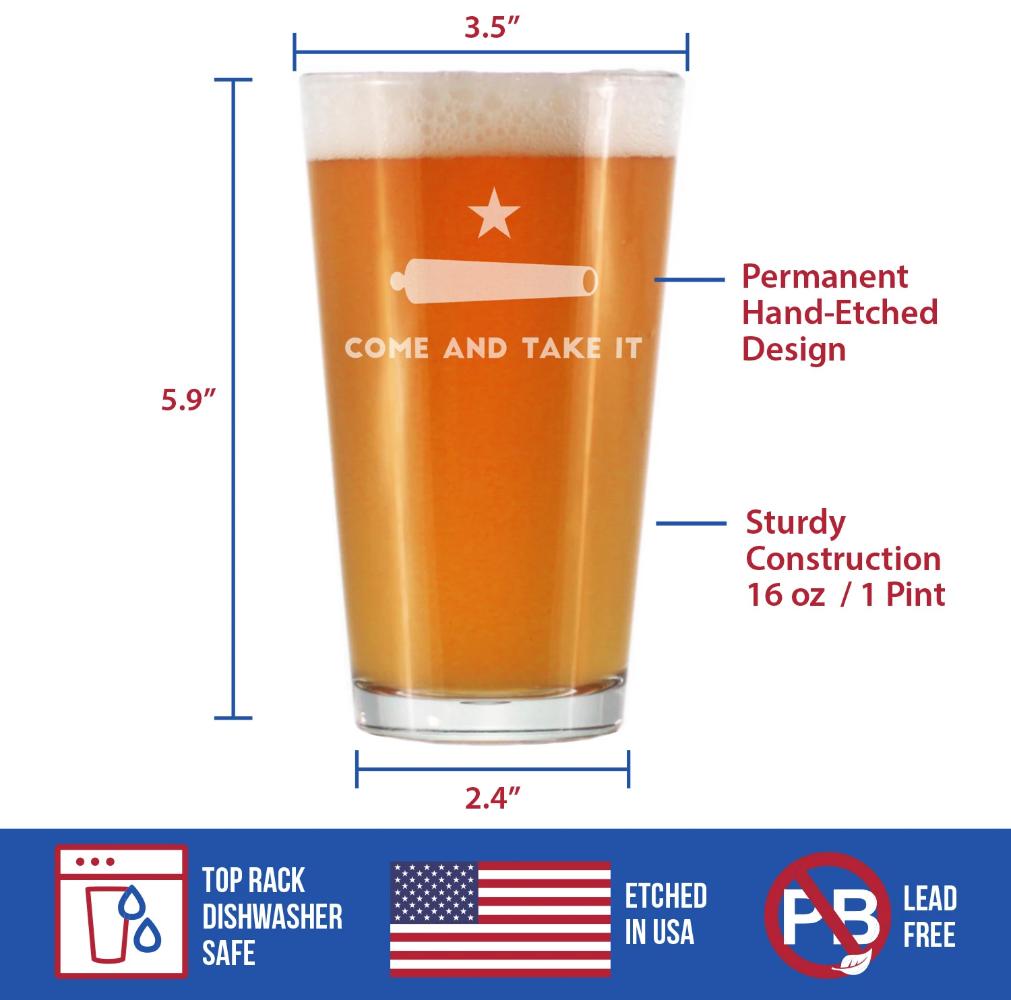 Come and Take It Texas Flag Pint Glass Gift for Beer Drinking Men & Women - 16 oz Glassware - Unique Barware Gifts for Texans