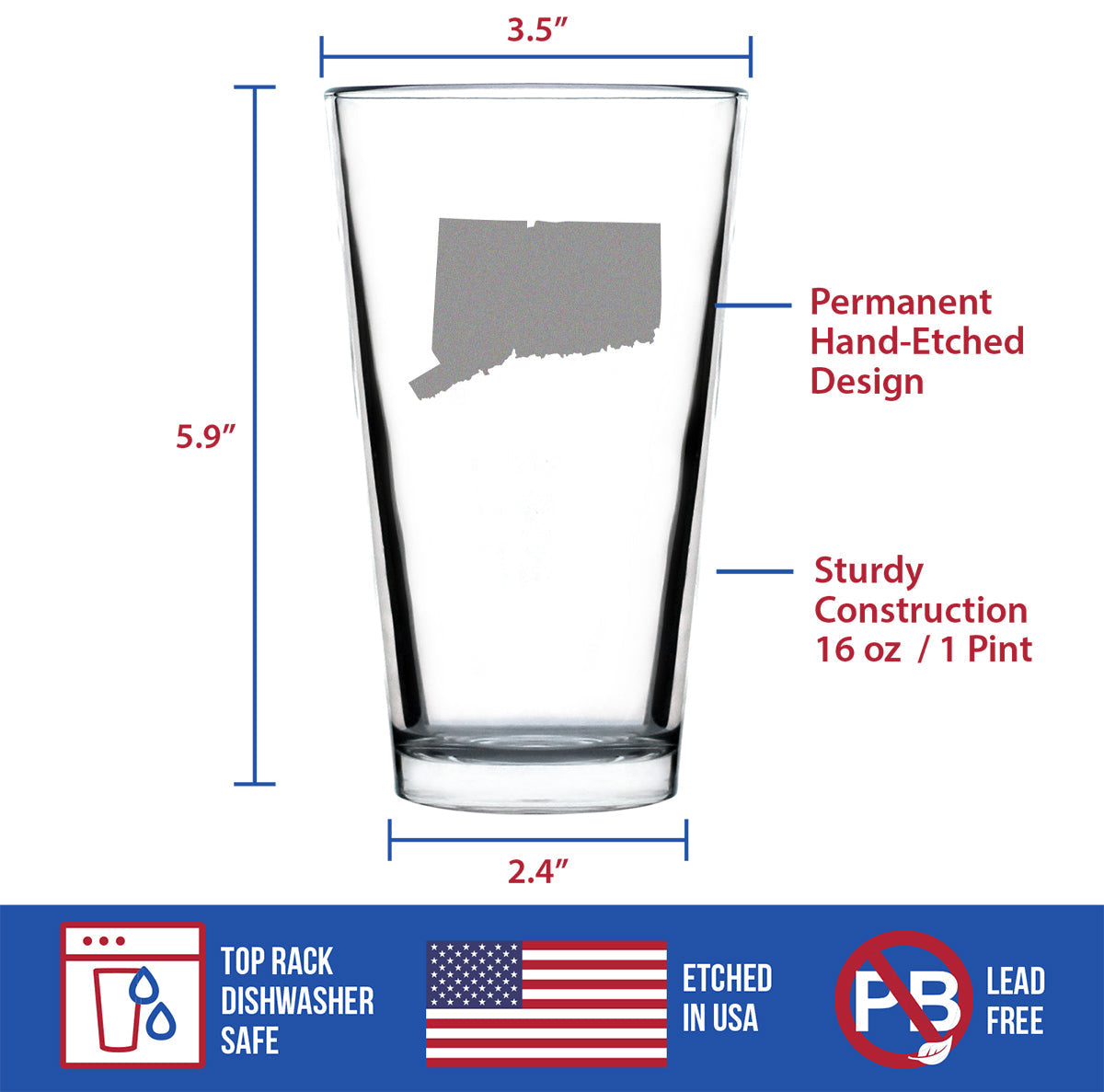 Connecticut State Outline Pint Glass for Beer - State Themed Drinking Decor and Gifts for Connecticuters and Nutmegger Women & Men - 16 Oz Glasses