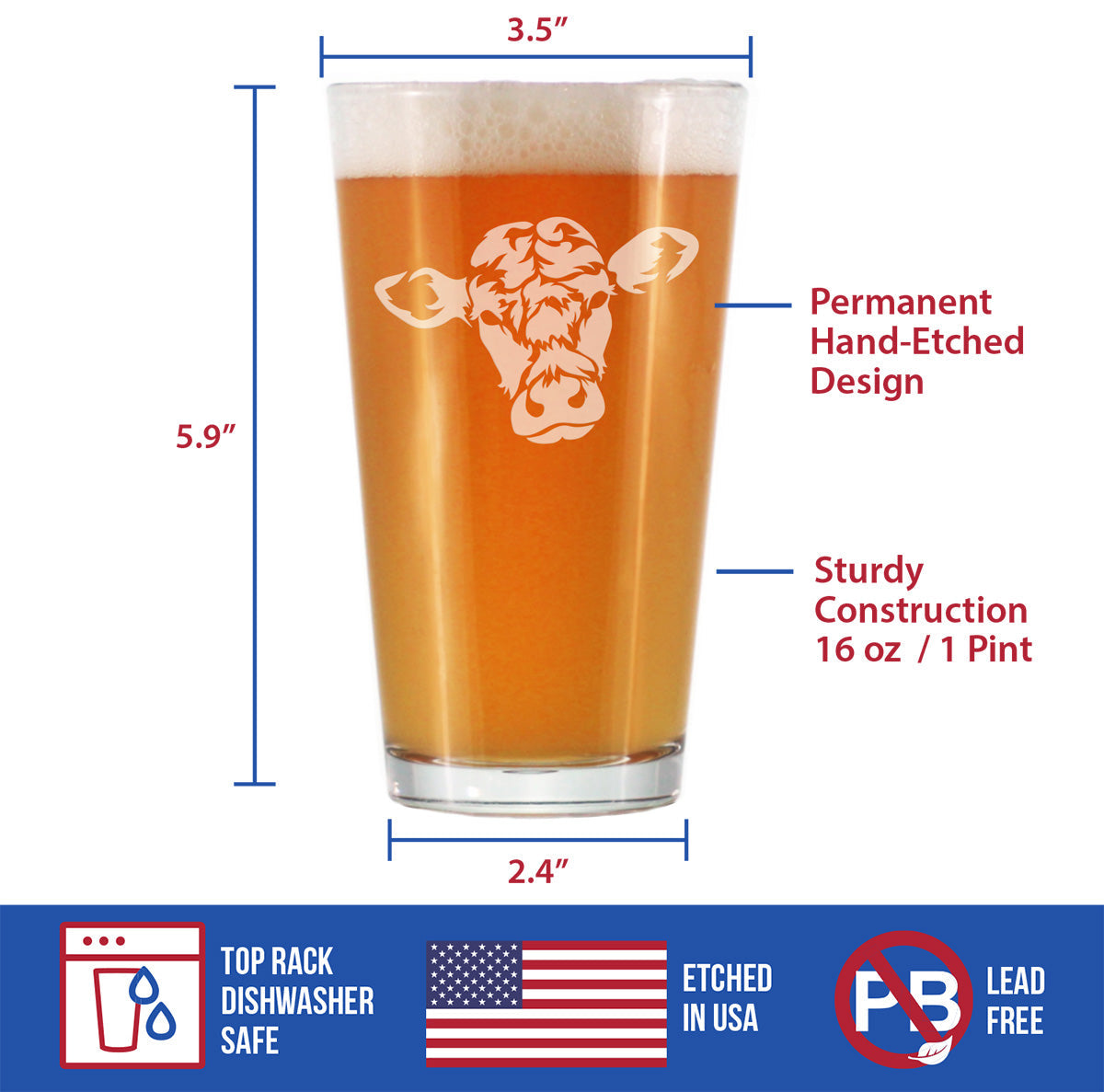 Cow Face Pint Glass for Beer - Funny Unique Farm Animal Themed Decor and Gifts for Cow Lovers - 16 oz