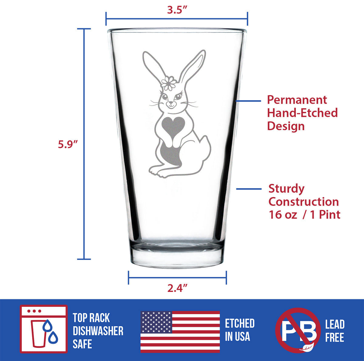 Cute Bunny Rabbit - Pint Glass for Beer - Hand Engraved Gifts for Men & Women That Love Bunnies