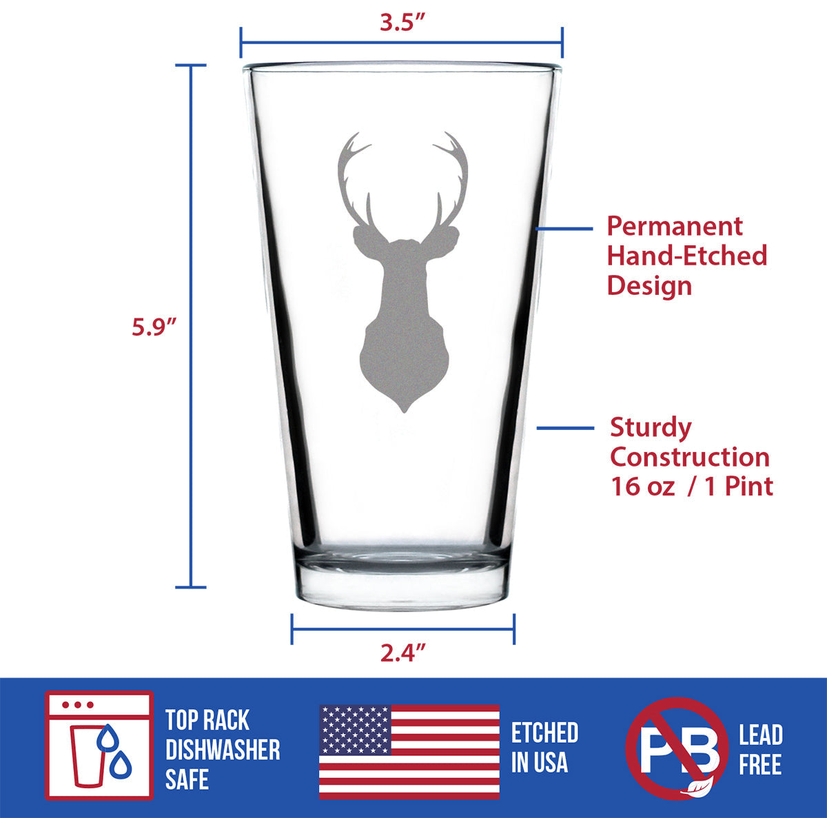 Deer Head - 16 Ounce Pint Glass