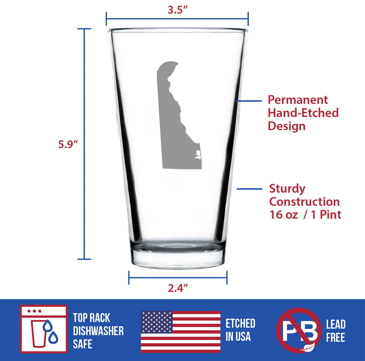 Delaware State Outline Pint Glass for Beer - State Themed Drinking Decor and Gifts for Delawarean Women & Men - 16 Oz Glasses