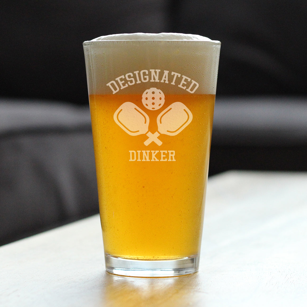 Designated Dinker - Funny Pickleball Themed Decor and Gifts - 16 Ounce Pint Glass