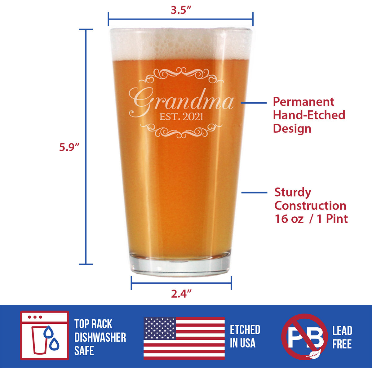 Grandma Est. 2021 - Decorative - 16 Ounce Pint Glass