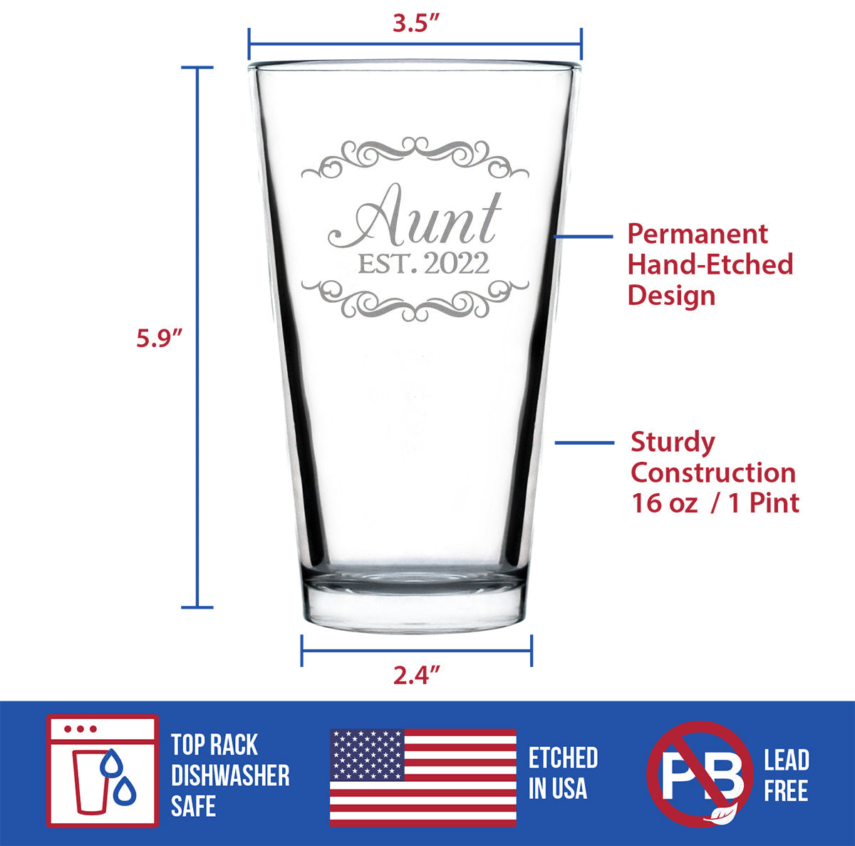 Aunt Est 2022 - New Aunties Pint Glass Gift for First Time Aunts - Decorative 16 Oz Glasses
