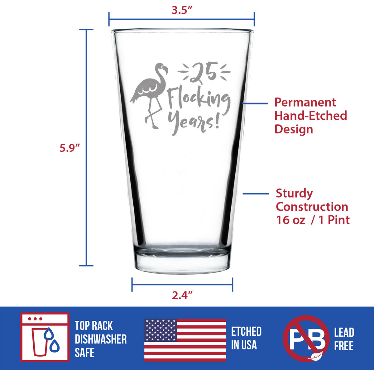 25 Flocking Years Funny Pint Glass, 16 Oz, Etched Sayings, Cute Twenty-Fifth Anniversary or Birthday Gift for Flamingo Lovers