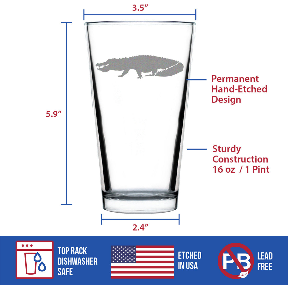 Alligator Pint Glass for Beer - Unique Exotic Animal Gifts for Alligator Lovers - 16 Oz Glasses