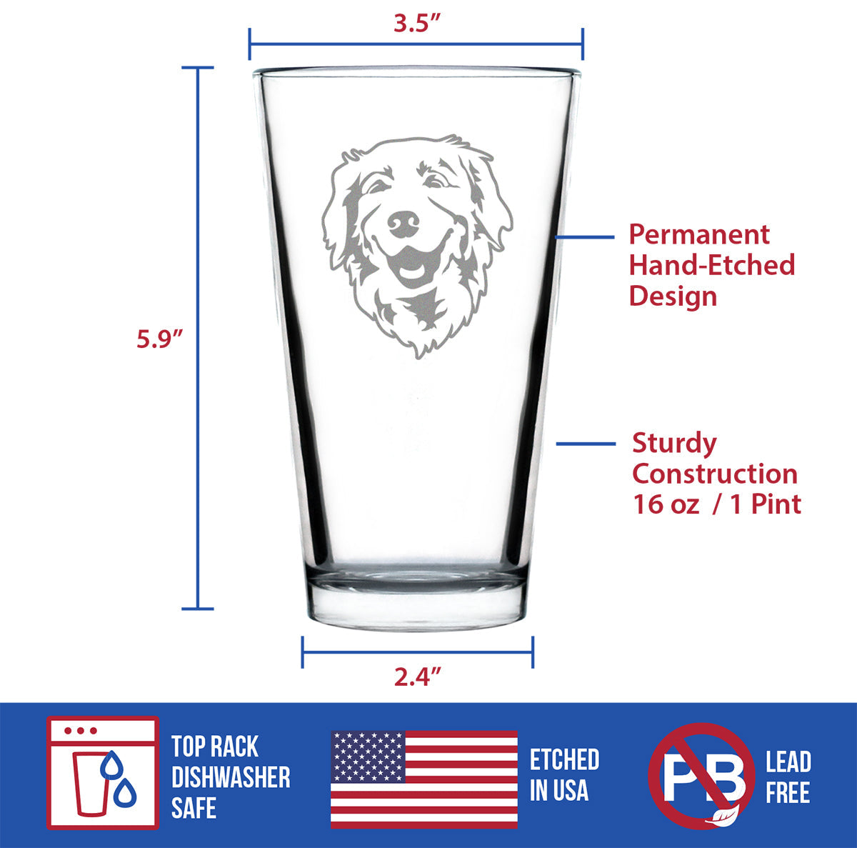 NEW Golden Retriever Happy Face - 16 Ounce Pint Glass