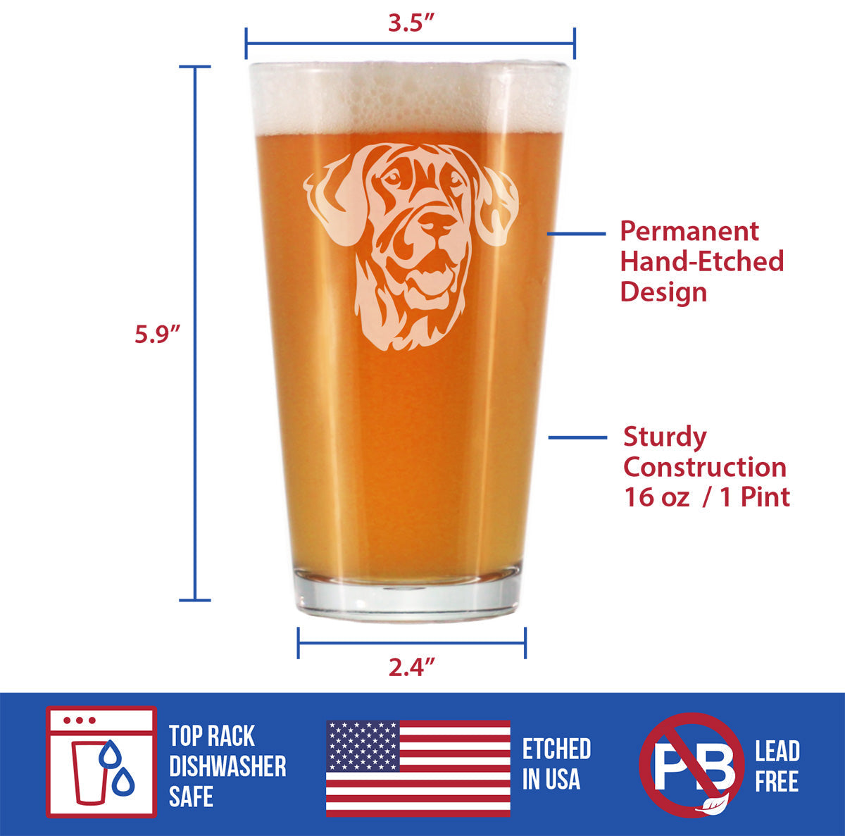 Great Dane Face Pint Glass for Beer - Unique Dog Themed Decor and Gifts for Moms & Dads of Great Danes - 16 Oz