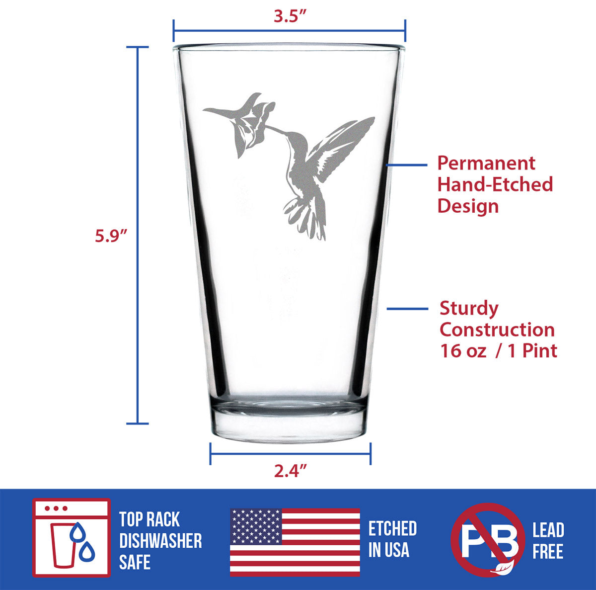 Hummingbird - Pint Glass for Beer - Bird Themed Gifts and Decor for Men & Women - 16 Oz Glasses