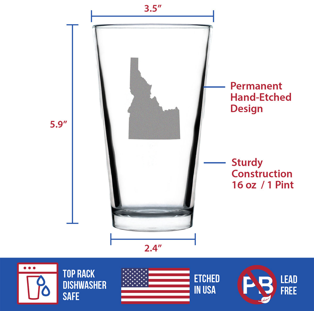 Idaho State Outline Pint Glass for Beer - State Themed Drinking Decor and Gifts for Idahoan Women & Men - 16 Oz Glasses