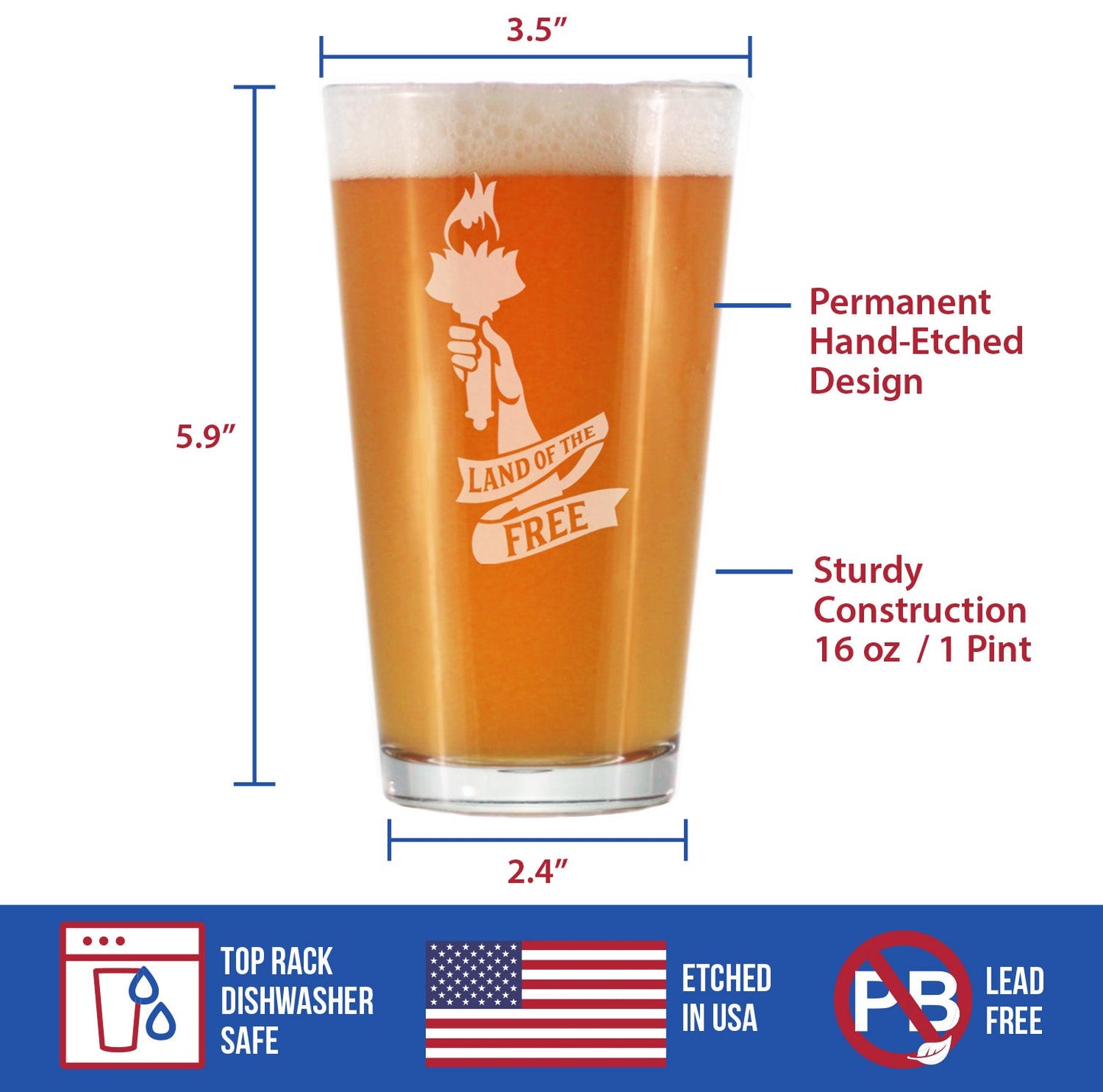 Land of the Free - American Patriotic Pint Glass Gift for Beer Drinking Men & Women - 16 oz Glasses