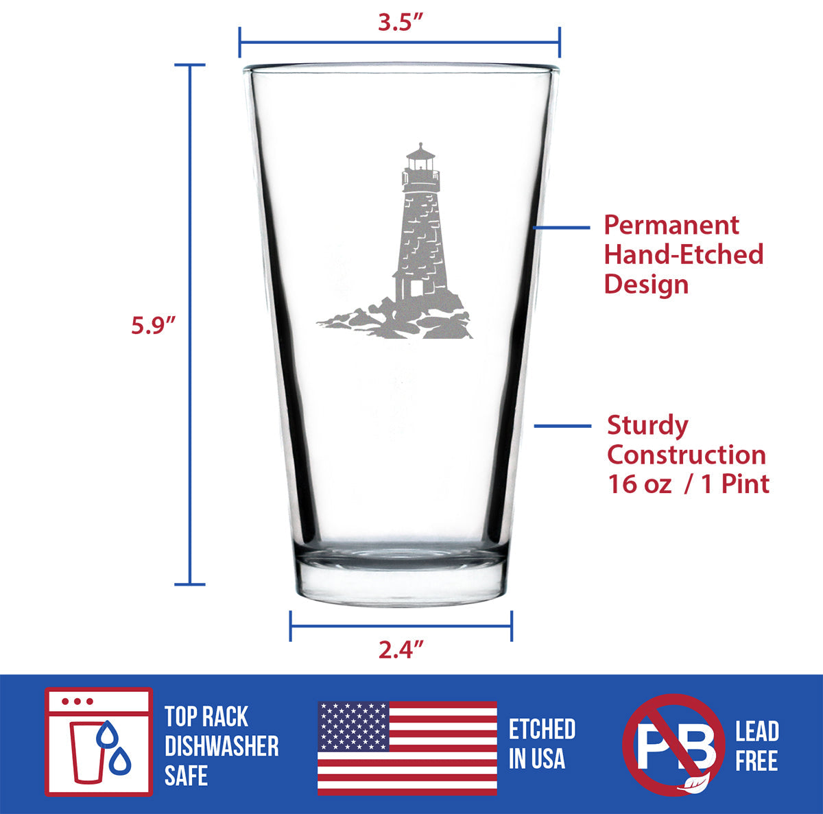 Lighthouse Pint Glass for Beer - Nautical Themed Decor and Gifts for Beach Lovers - 16 oz Glasses