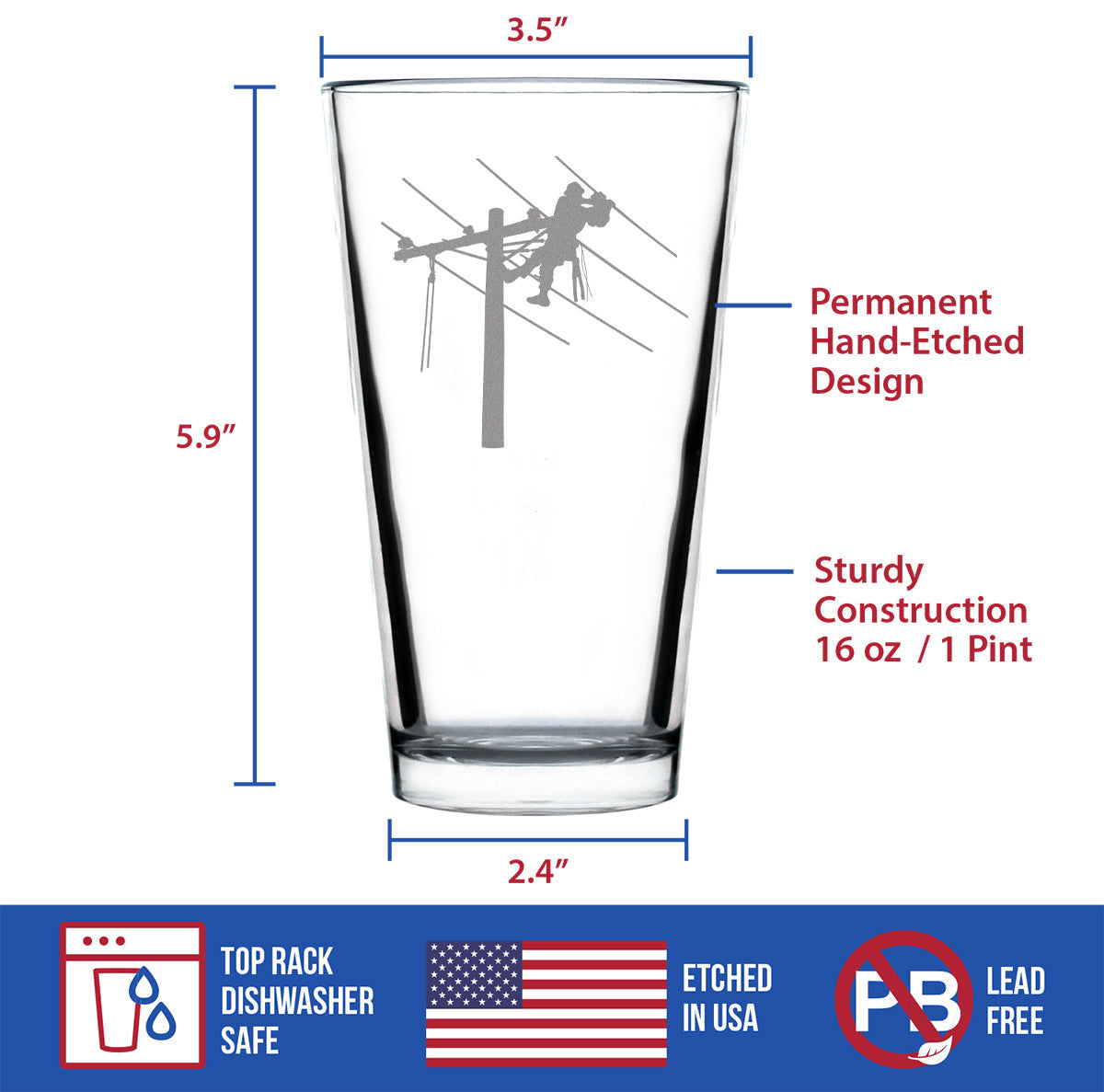 Lineworker Engraved Pint Glass for Beer, Unique Electrical Themed Gifts for Men and Women who are Lineworkers - 16 oz