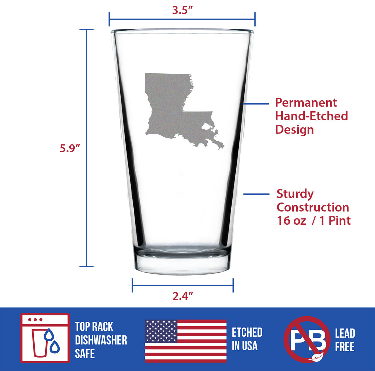 Louisiana State Outline Pint Glass for Beer - State Themed Drinking Decor and Gifts for Louisianian Women & Men - 16 Oz Glasses