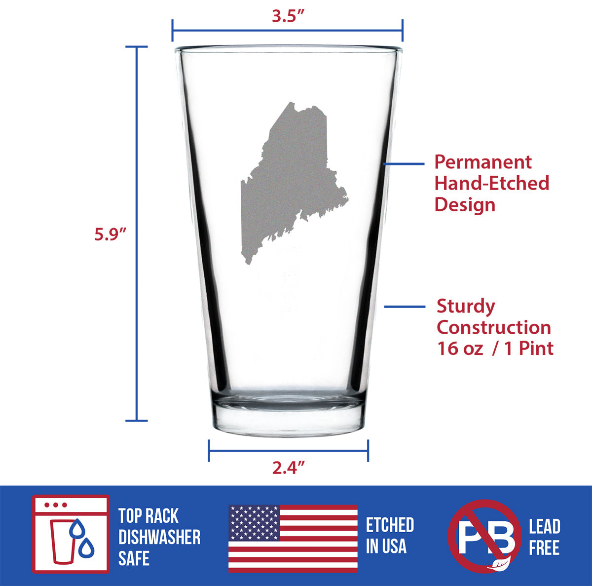 Maine State Outline Pint Glass for Beer - State Themed Drinking Decor and Gifts for Mainer Women & Men - 16 Oz Glasses