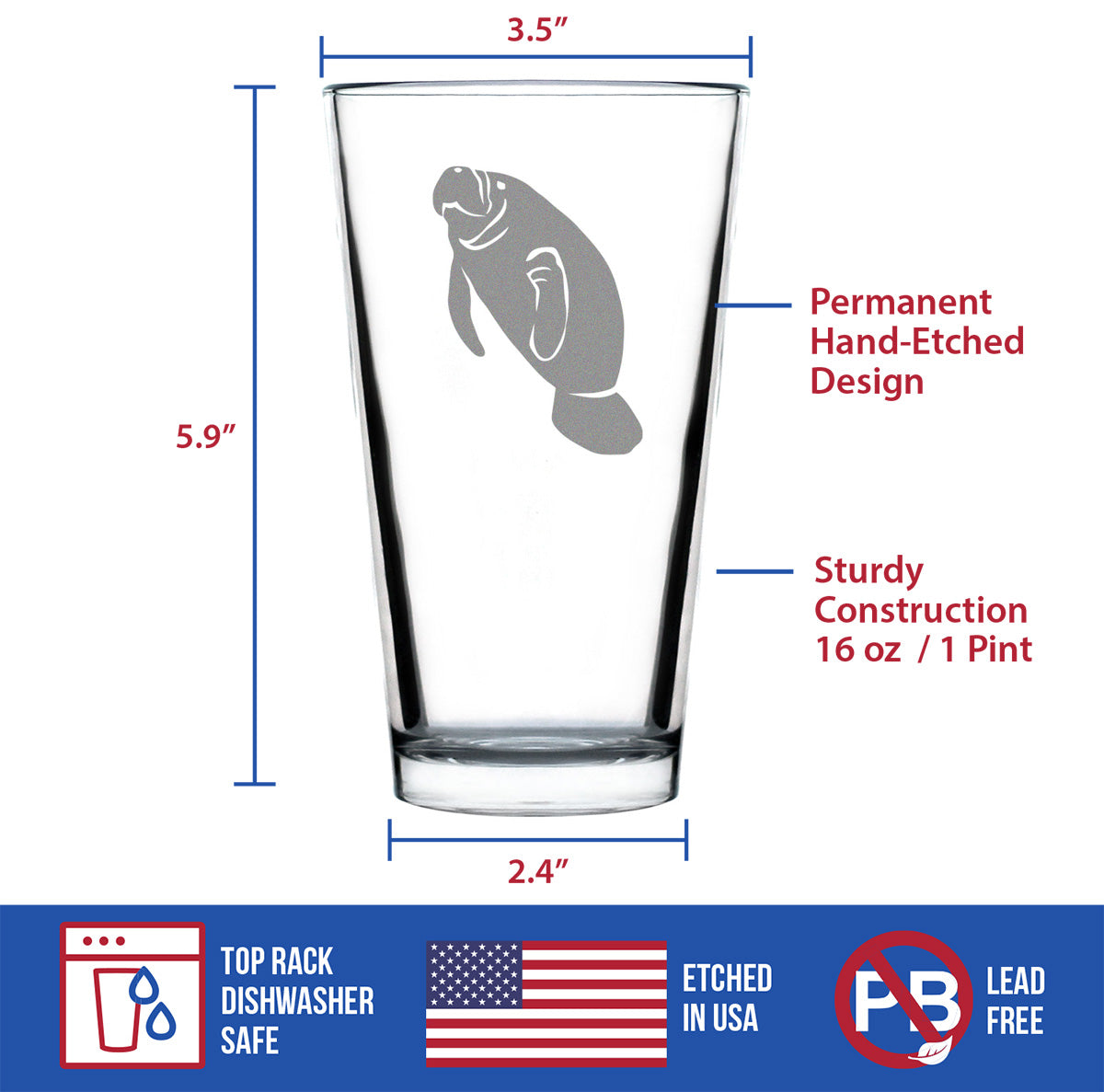 Manatee Pint Glass for Beer - Cute Funny Ocean Animals Themed Decor and Gifts for Sea Creature Lovers - 16 oz