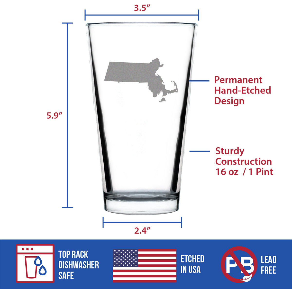 Massachusetts State Outline Pint Glass for Beer - State Themed Drinking Decor and Gifts for Bay Stater Women & Men - 16 Oz Glasses